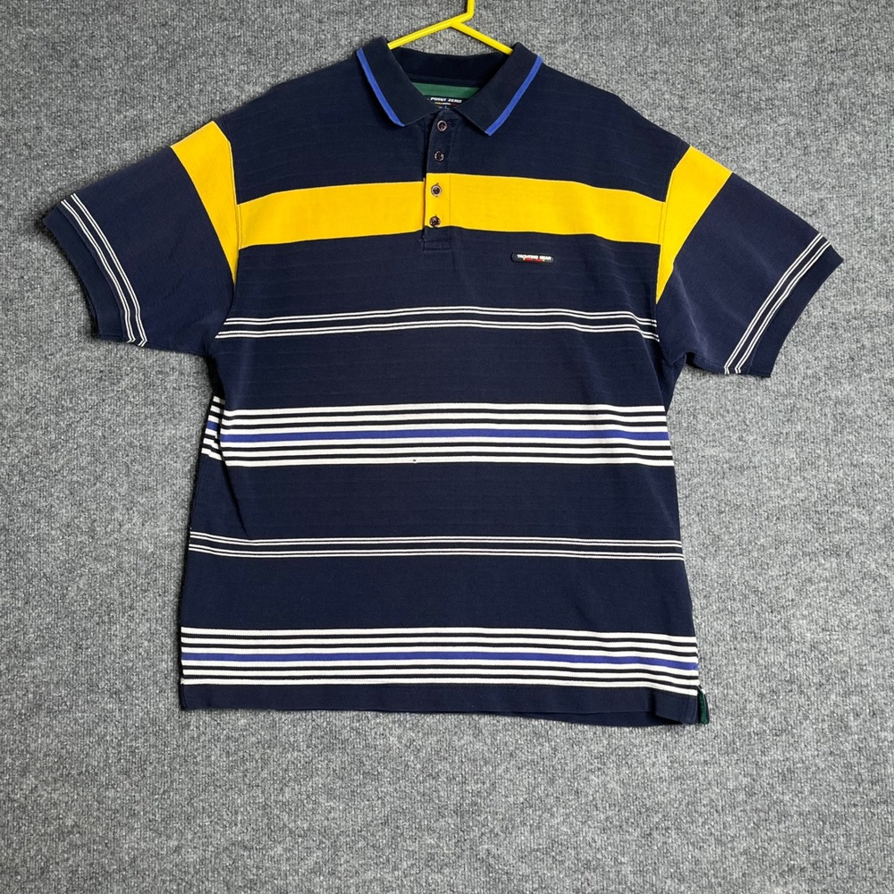 Y2K Point Zero Yachting Gear Polo Shirt Men L Navy Blue Yellow Striped Nautical